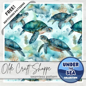 Seamless Repeating Pattern Tile File, Watercolor Sea Turtle Swimming, Ocean Life, Animal Creature, Digital Paper, Under the Sea, JPG PNG PDF