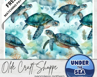 Seamless Repeating Pattern Tile File, Watercolor Sea Turtle Swimming, Ocean Life, Animal Creature, Digital Paper, Under the Sea, JPG PNG PDF