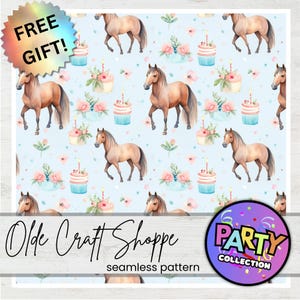 Westers naadloos herhalend patroonbestand, pastelverjaardagstaart en paardenbloemen, bloemen digitaal papier, Happy Birthday Party, png jpg pdf