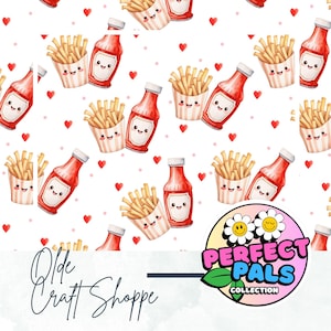 Nahtlos wiederholendes Muster Fliesendatei, Aquarell süße Kawaii Pommes und Ketchup, Food Paar, Perfektes Paar, digitales Papier, PNG