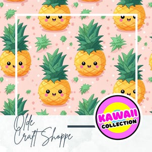 Archivo de patrón sin costuras, linda piña de dibujos animados kawaii sobre fondo rosa, papel digital de tela textil con frutas tropicales de Hawái, PNG/FD055