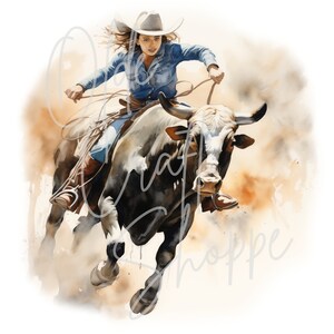 Watercolor Western Female Rodeo Bull Riders Clipart Bundle, Woman, Wild ...