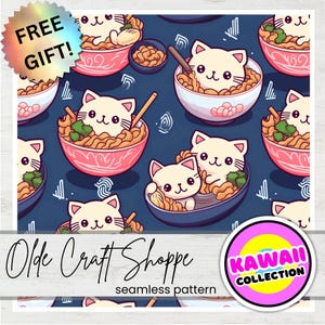 Nahtlos wiederholende Musterdatei, Spaß Kawaii niedlich Cartoon Ramen Kätzchen Katze Feline Nudelschüssel Blau, Japan, Digitales Papier, JPG PNG PDF | K015