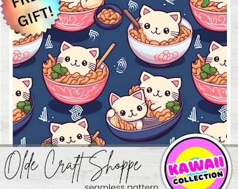 Seamless Repeating Pattern File, Fun Kawaii Cute Cartoon Ramen Kittens Cat Feline Noodle Bowl Blue, Japan, Digital Paper, JPG PNG PDF | K015