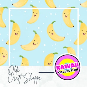 Kawaii Banane Musterdesign, Cartoon Print, niedliche sich wiederholende Kachel, Obst digitales Papier, entzückender glücklicher lächelnder Charakter JPG PNG PDF