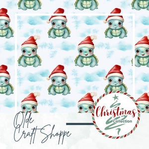 Seamless Pattern File, Watercolour Baby Sea Turtle with Red Hat, Christmas Winter Woodland, Digital Paper, Textile Pattern, Kids, PNG, JPEG
