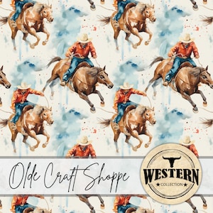 Watercolor Cowboy Rodeo Horse Bronc Rider Seamless Pattern File, Western Repeating Tile, Wild West Digital Paper, Textile Fabric JPG PNG PDF