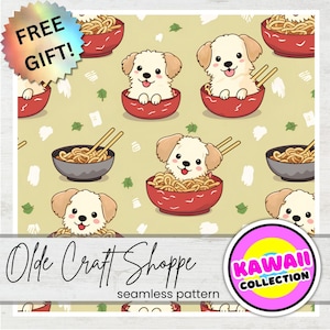 Fun Kawaii Cute Cartoon Ramen Puppies Noodle Bowl Background Seamless Pattern File, Japanese Tile, Digital Paper, JPG PNG PDF