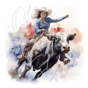 Watercolor Western Female Rodeo Bull Riders Clipart Bundle, Woman, Wild ...