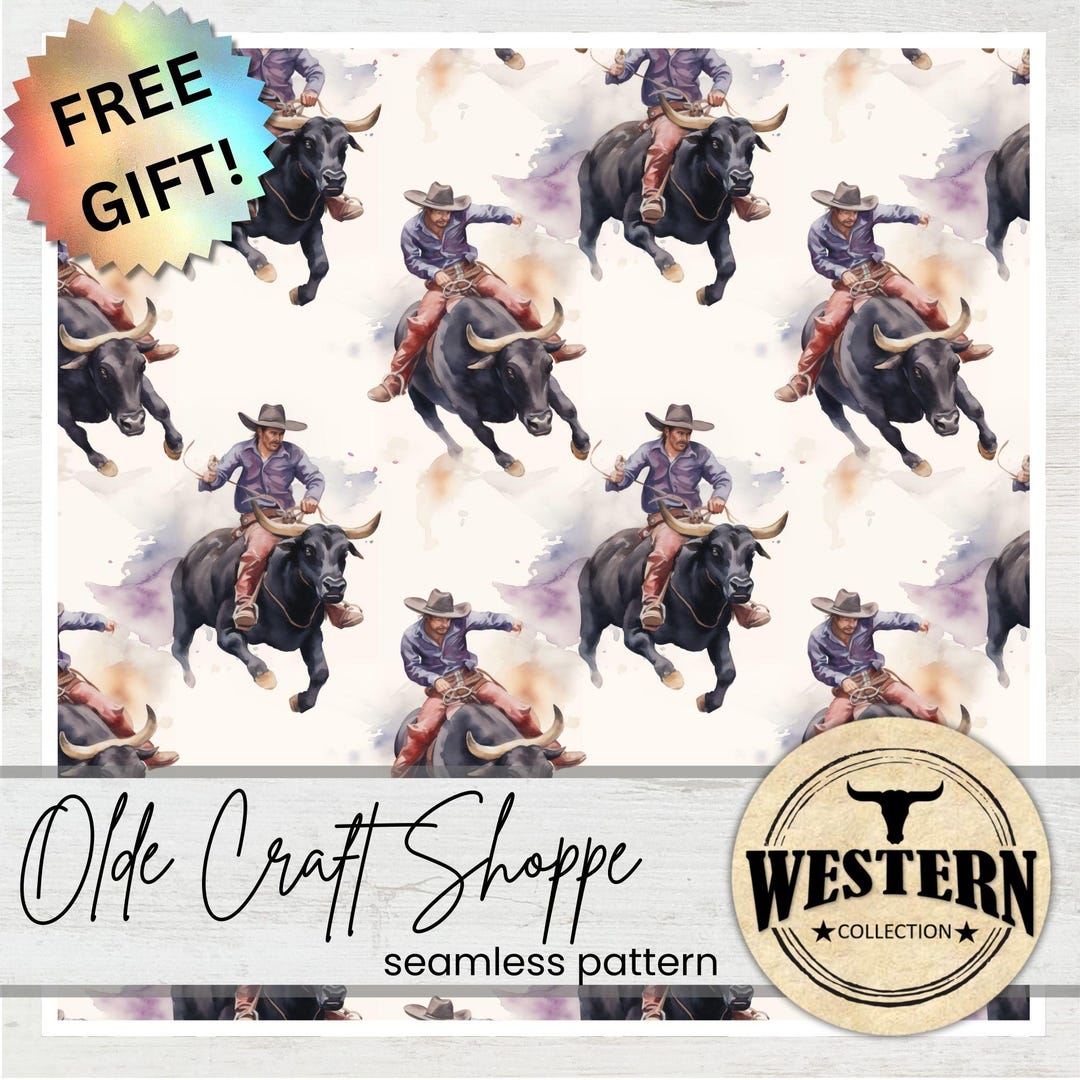 Western Rodeo Pattern Watercolor Cowboy Rodeo Bull Rider Western Seamless Pattern File ...