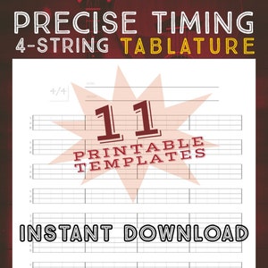Könnte beinhalten: Druckbare 4-saitige Gitarrentabulaturvorlagen. Es gibt insgesamt 11 Vorlagen. Der Text "Precise Timing 4-String Tablature" befindet sich oben im Bild. Der Text "Instant Download" befindet sich unten im Bild.