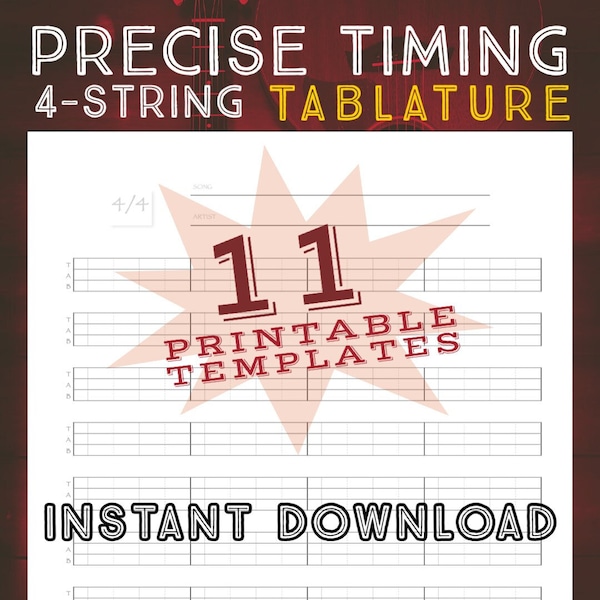 Precise Timing Bass Guitar Ukulele Tablature, Timed Tabs, Time Signature Specific Music Tab Printable Sheets, Music Notation, PDF files