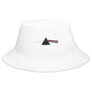 May include: White bucket hat with a black triangle and rainbow prism graphic. The graphic is a reference to the album cover for Pink Floyd's "Dark Side of the Moon".