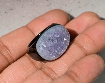 Natural Amethyst Druzy Agate Ring, Agate Geode Druzy Ring, Hand Carved Rare Druzy Jewelry, Natural Gemstone Jewelry | Ring Size: US 7.25