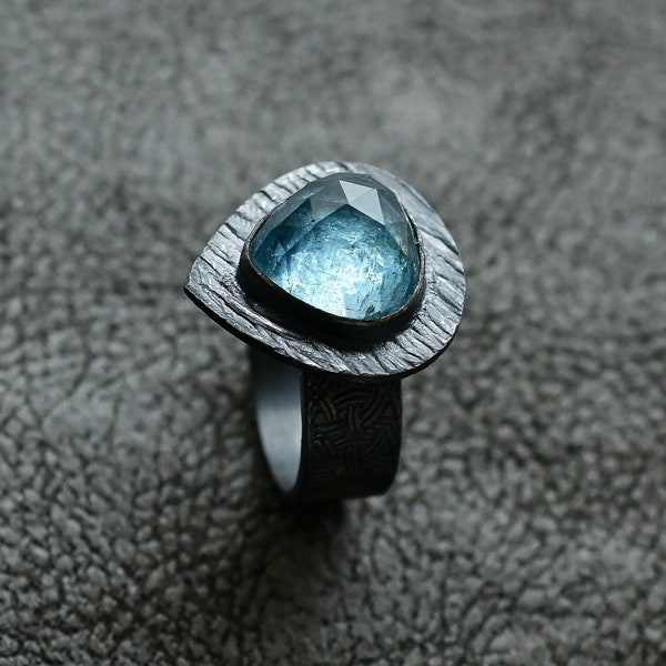 Aqua Waves Heart Charcoal Oxidized Silver Ring , Natural Aquamarine Sterling Silver Jewelry, Handmade Silver Jewellery, Unique One of a Kind