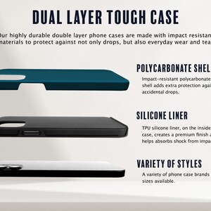 May include: A dual layer phone case with a dark blue polycarbonate shell and a black silicone liner. The text "DUAL LAYER TOUGH CASE" is at the top of the image. The text "POLYCARBONATE SHELL" is below the top phone case. The text "SILICONE LINER" is below the second phone case. The text "VARIETY OF STYLES" is below the third phone case.