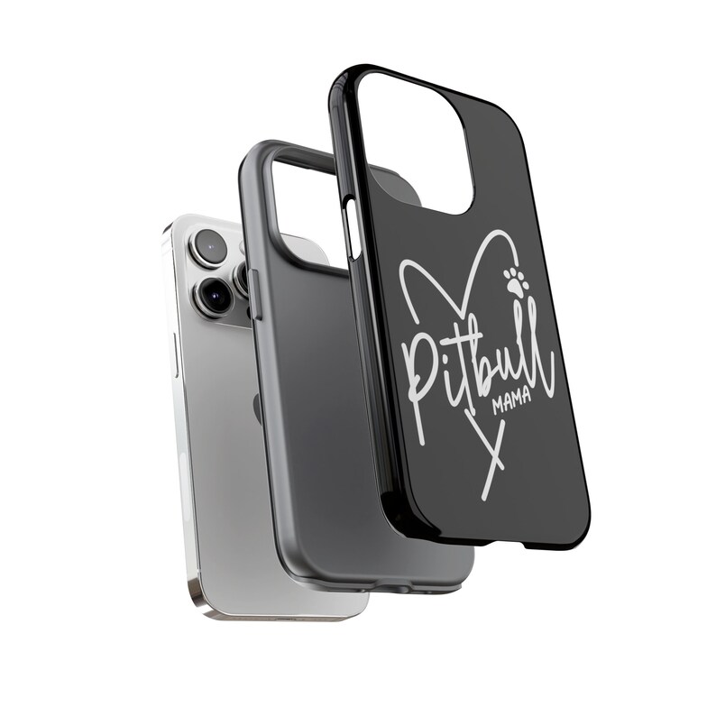 May include: Black phone case with a white heart design and the text "Pitbull Mama".