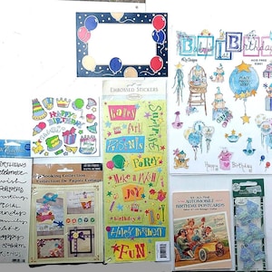 May include: A collection of colorful birthday themed stickers and paper crafting supplies. The stickers feature images of presents, balloons, cakes, and other birthday party decorations. The paper crafting supplies include a sheet of paper with a collage of birthday-themed images and a sheet of stickers with a variety of birthday-themed designs.