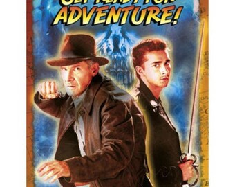 May include: A vintage-style poster featuring two men, one in a brown leather jacket and fedora, the other in a black jacket, with the text "Get Ready for Adventure!" in bold, white letters.