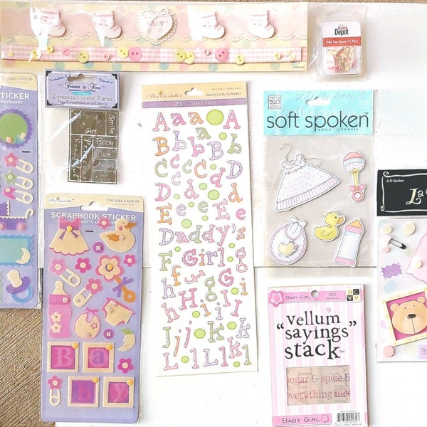 You Choose Baby, Infant, New Addition, Girl Scrapbook Stickers/Brads/Quotes/Borders/Embellishments.. Miss Elizabeth's, Soft Spoken, Jolee's