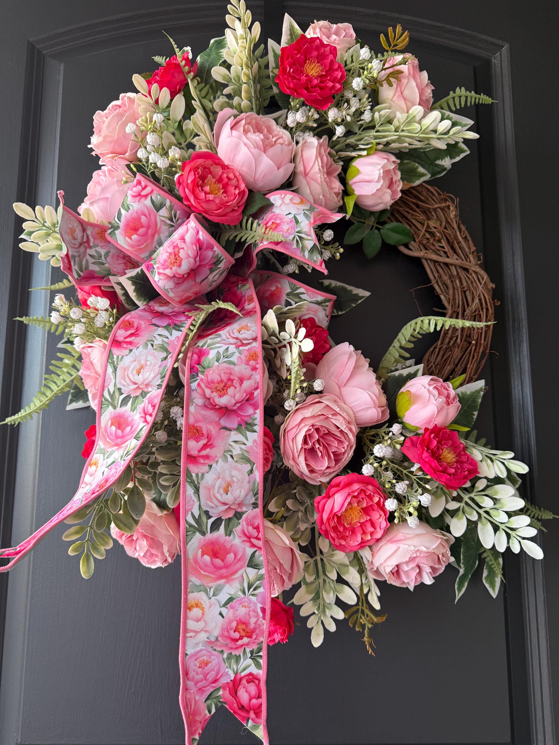 Pink Peony Wreath for Front Door, Spring Summer Floral Wreath With Bow ...