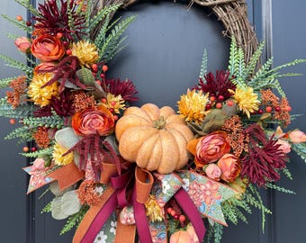 Large Fall Pumpkin Wreath: Rustic Harvest Decor with Berries