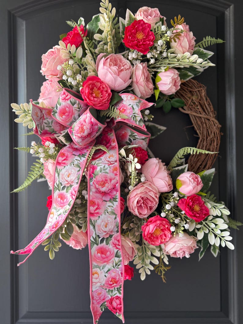 Pink Peony Wreath, Spring Floral Door Decor With Bow - Etsy