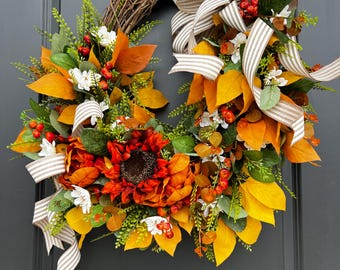 Handmade Fall Grapevine Wreath: Sunflower, Peonies & Neutral Bow