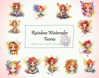 Regenbogen-Aquarell-Fee-Clipart - Pastel Fairy Fantasy im PNG-Format zum sofortigen Download, kommerzielle Nutzung