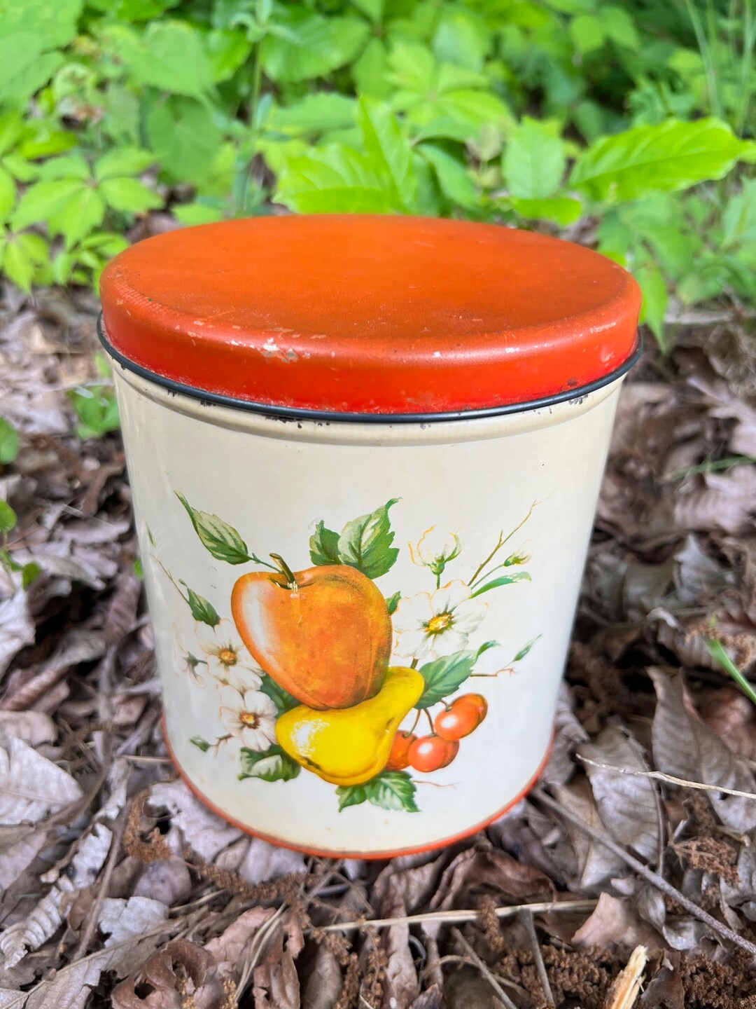 Vintage 1950s Decoware Fruit Tin Retro Kitchen Decor Collectable Apple