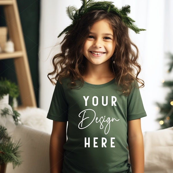 Military Green Shirt Mockup, Bella Canvas 3001Y Kids Christmas Shirt Mockup, Green Christmas Tshirt Mock Up, Model Mock, Print on Demand