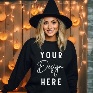 Black Halloween Sweatshirt Mockup, Black Gildan 18000 Fall Sweatshirt Mockup, Lifestyle Model Mockup, Fall Mockup, Halloween Mockup, POD