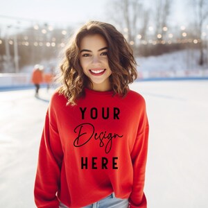 Gildan 18000 Sweatshirt Mockup, Red Christmas Sweatshirt Mockup, Christmas Model Mock Up, Gildan Mockup Bundle, Winter Sweater Mock, POD