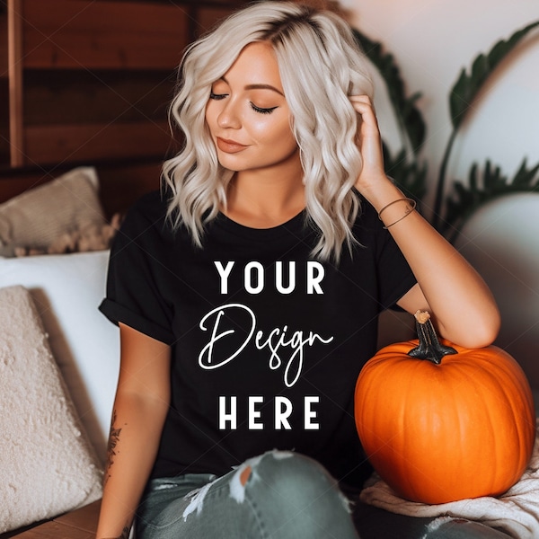 Black Bella Canvas 3001 Fall Shirt Mockup, Halloween Tshirt Mockup, T-Shirt Model Mock Up, Spooky Model Mockup, Print on Demand Mocks, POD