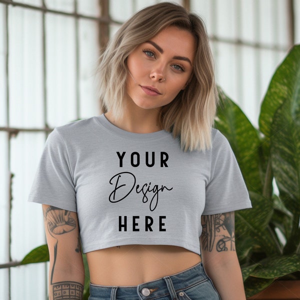 Gray Crop Top Mockup, Bella Canvas Athletic Heather Mock, Cropped T-Shirt Mock Up, Styled Grey Shirt Mockups, Print on Demand Tshirt Mocks