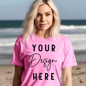 Charity Pink Shirt Mockup, Bella Canvas 3001 Mockup, Summer Beach T-Shirt Mockups, Boho Model Mocks, Print on Demand Mock Up, Pink Tshirt