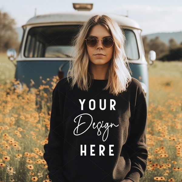 Boho Black Gildan 18000 Mockup, Gildan Sweatshirt Cottagecore Mockup, Sweater Model Mock Up, Hippie Bohemian Mocks, Outdoor Lifestyle Mock