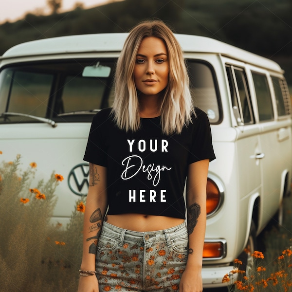 Hippie Boho Black Bella Canvas Mockup, Bella Canvas Crop Top Mockup, Baby Tee Model Mock Up, Bohemian Mocks, Outdoor Lifestyle Mock