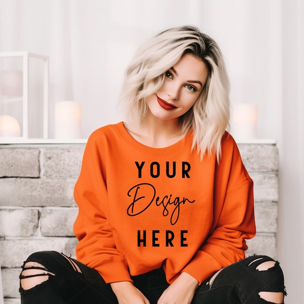 Orange Gildan 18000 Sweatshirt Mockup, Orange Fall Sweatshirt Mockup, Halloween Shirt Mockups, Sweater Model Mockup, Print on Demand Mocks