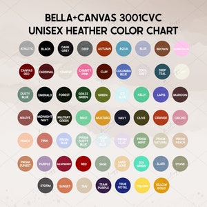 Carta de colores Bella Canvas 3001CVC, Carta de colores minimalista Bella Canvas 3001, Paquete de colores Bella Canvas, Guía de colores de camisas de impresión bajo demanda