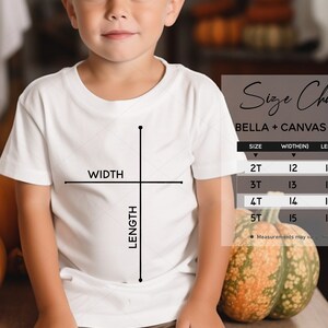 Fall Bella Canvas 3001T Tabla de tallas, tabla de tallas de camisas para niños pequeños, tabla de tallas de camisetas para niños, medidas de camisetas, maqueta de guía de tallas para niños, POD