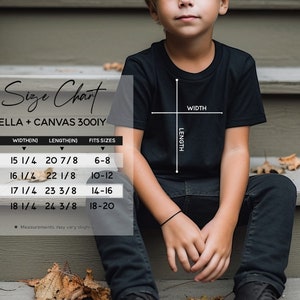 Fall Bella Canvas 3001Y Tabla de tallas, Tabla de tallas de camisetas para jóvenes, Tabla de tallas de camisetas para niños, Medidas de camisetas para niños, Guía de tallas 3001Y, POD Mocks