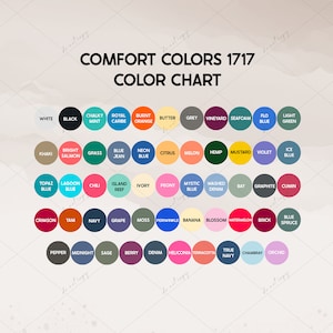 Carta de colores Comfort Colors, Carta de colores C1717, Guía de colores de camisetas, Carta de colores de camisas minimalistas, Impresión de colores de camisas bajo demanda, Maquetas POD