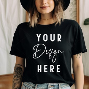 Black Bella Canvas 3001 Mockup, Black Boho Tshirt Mockup, Blank T shirt Mockups, Oversized Shirt Mockup, Trendy Mocks, Print on Demand, POD