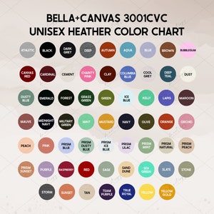 Carta de colores Bella Canvas 3001CVC, Carta de colores Heather Bella Canvas 3001, Paquete de colores Bella Canvas, Guía de colores de camisas de impresión bajo demanda, POD