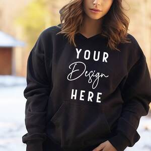 Black Gildan Hoodie Mockup, Black Sweatshirt Mock Up, Winter Model Mockups, Outdoor Mockup, Christmas Hoodie Mock, Print on Demand Mocks