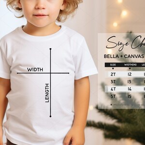 Christmas Bella Canvas 3001T Tabla de tallas, tabla de tallas de camisas para niños pequeños, tabla de tallas de camisetas para niños, medidas de camisetas, maqueta de guía de tallas para niños