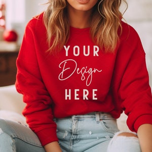 Red Sweatshirt Mock Up, Red Gildan 18000 Crewneck Mockup, Christmas Sweatshirt Mockup, Holdiay Model Mock, Influencer Mockup, POD Mocks
