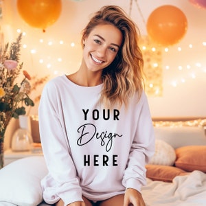 White Gildan Sweatshirt Mockup, Pastel Fall Gildan 18000 Crewneck Mock Up, Boho Pullover Mockup, Aesthetic Sweater Mockup, POD Mocks