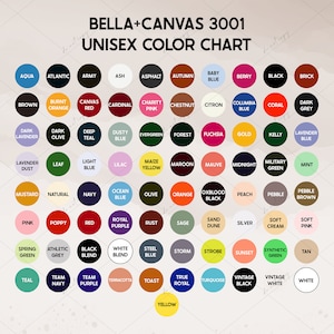 Carta de colores Bella Canvas 3001, Carta de colores minimalista Bella Canvas 3001, Paquete de colores Bella Canvas, Guía de colores de camisas de impresión bajo demanda